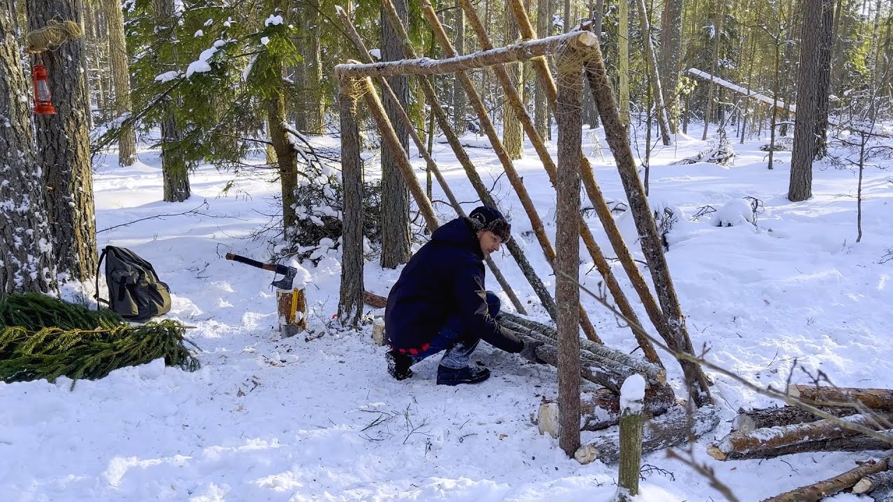 Three days in a cold winter forest!  Shelter for survival in the wild   From the beginning to the en