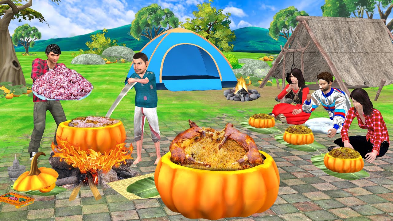 Pumpkin Mutton Biryani Eating In Forest Camp India Street Food Hindi Kahaniya Moral Stories Comedy