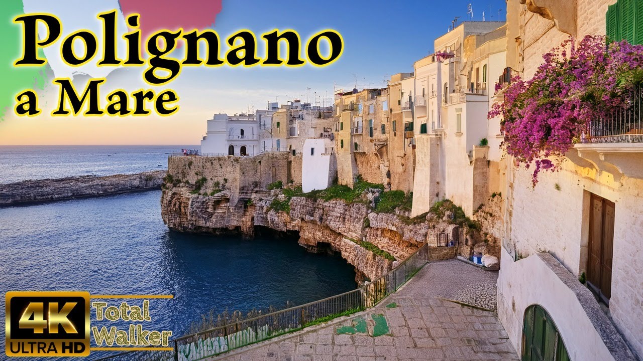 Polignano a Mare, Southern Italy, Puglia Walking Tour 4K UHD - Lama Monachile Beach and Old Town