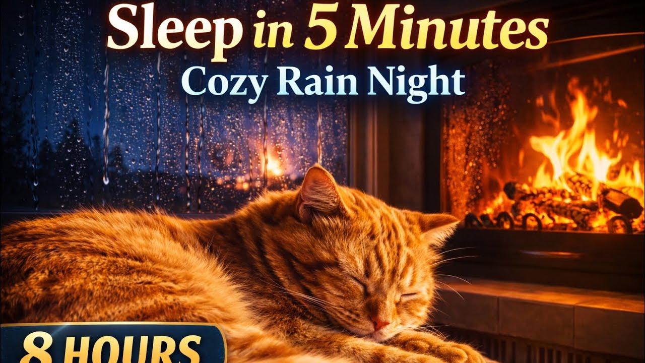 Cozy Cat, Rain & Fireplace 🔥🌧️ 8 Hours Deep Sleep Ambience