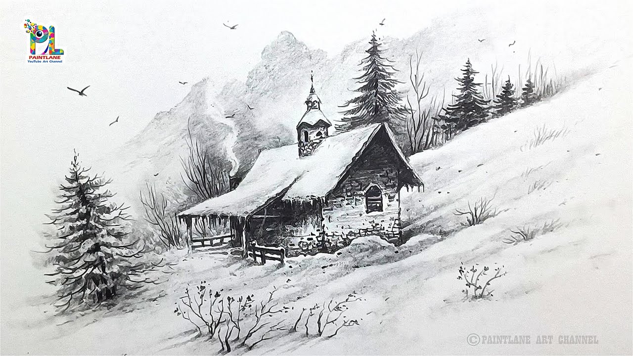 Winter Landscape Drawing 🎨 | Snowy Cottage Landscape Art | Snowy House & Pine Trees ❄️Snow Village