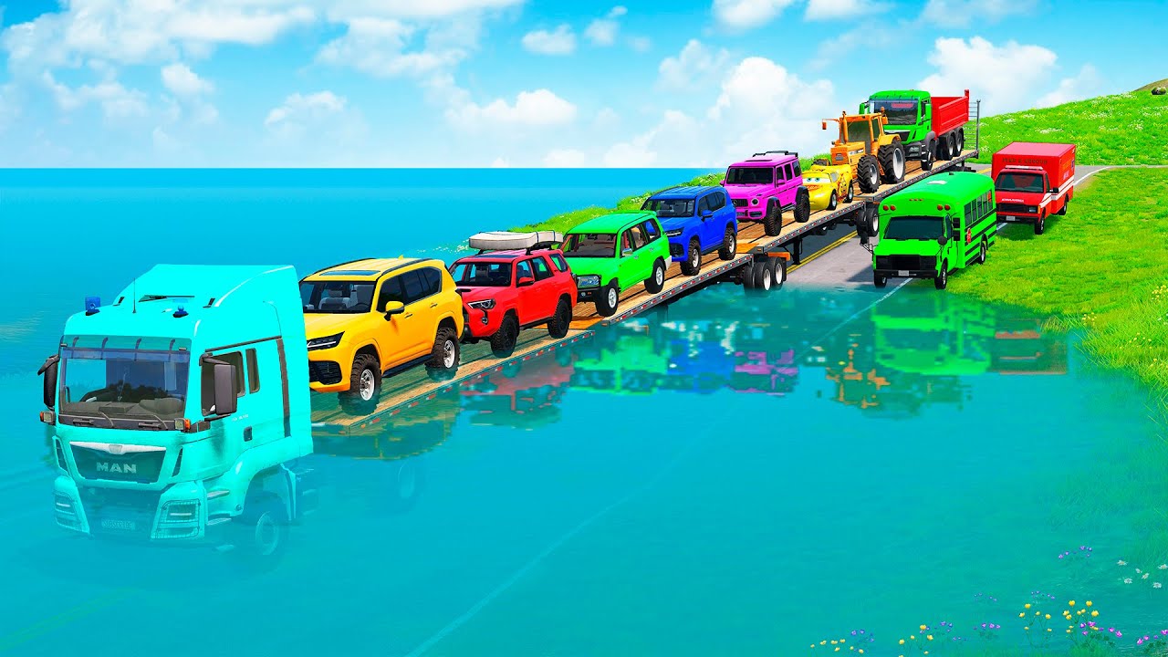TRANSPORTING PIXAR CARS & FRUITS WITH COLORED & JOHN DEERE vs CLAAS vs TRACTORS - BeamNG.drive #983