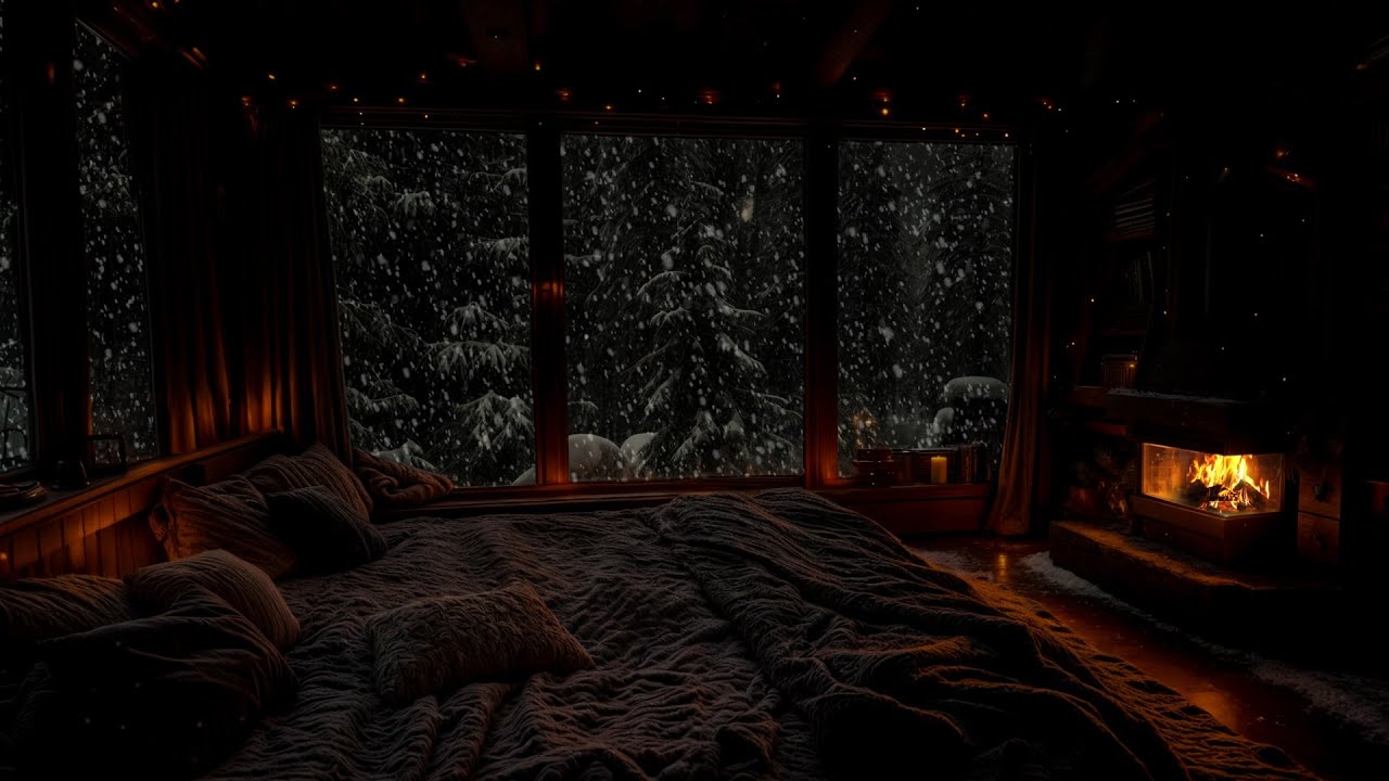 Tranquil Winter Night ❄️🔥 Soft Snow and Cozy Fireplace Sounds for Deep Relaxation and Sleep