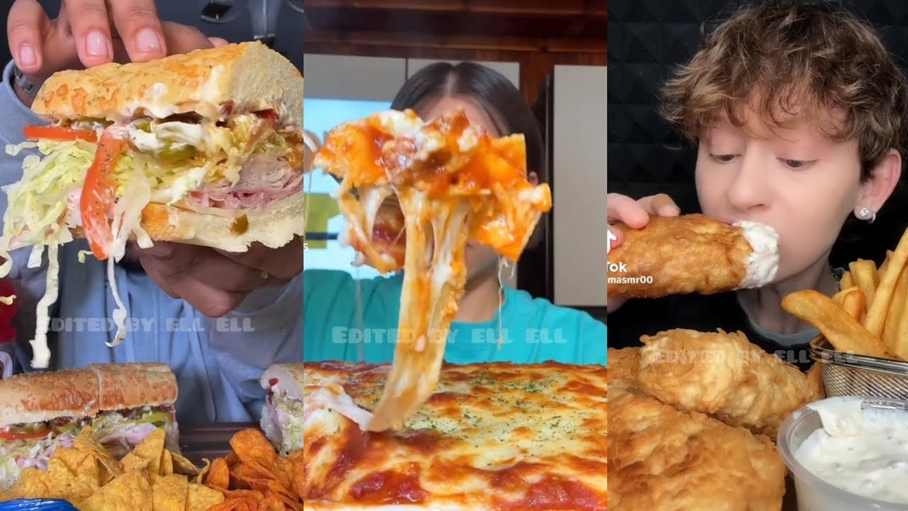 TIKTOK MUKBANG COMPILATION CHEESY LASAGNA FISH N CHIPS SUBWAY SANDWICH TACO BELL DAVE'S HOT CHICKEN