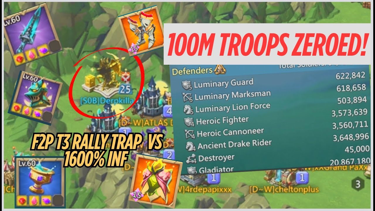 Lords Mobile - F2P T3 RALLY TRAP VS MIX! 100m troops in range wedge zeroed.