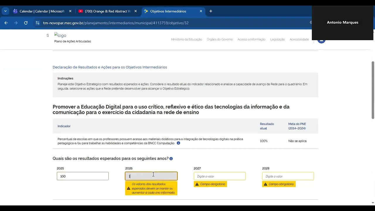 Novo PAR - Etapa de Planejamento - Exemplo de planejamento de objetivos de resultado e intermediário