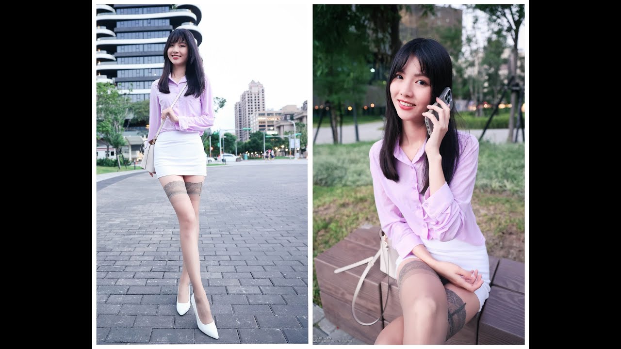 [4K] Yvonne萱萱兒-服裝穿搭紫色襯衫搭配窄裙褐色絲襪高跟鞋/桃園藝文特區 /The video is used for modeling clothing display.