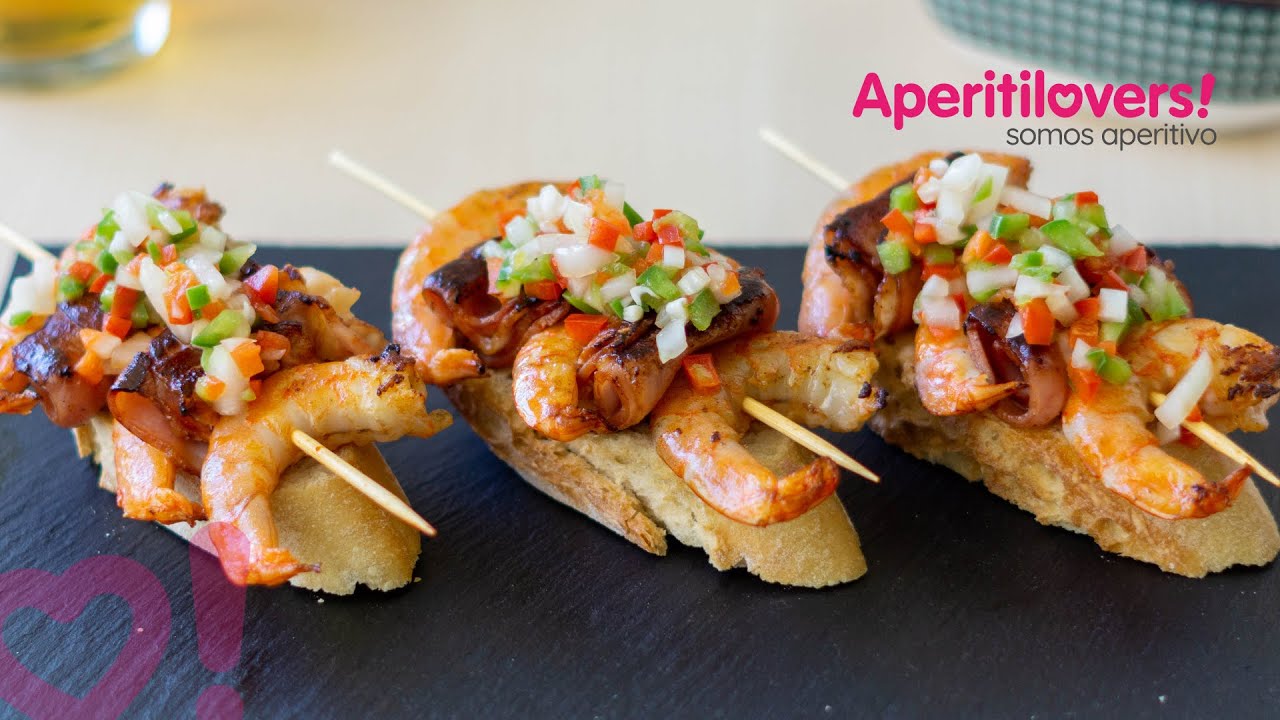 Pintxo de Langostinos y Bacón con Vinagreta de Pimientos - Recetas de Pintxos
