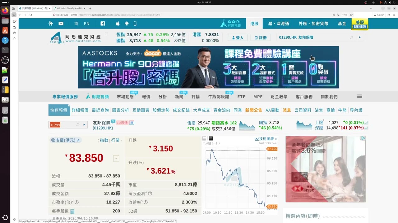 2026 04 16 長者收股息 美國追查誰在炒油 莎莎異動到盈喜回調 安徽皖通破15滬杭甬破8獲利爲重 農行中行有機構買 申通帶動快遞股 預測準不等於有機遇 阿里百度外圍升 香港電訊可投 中信破13