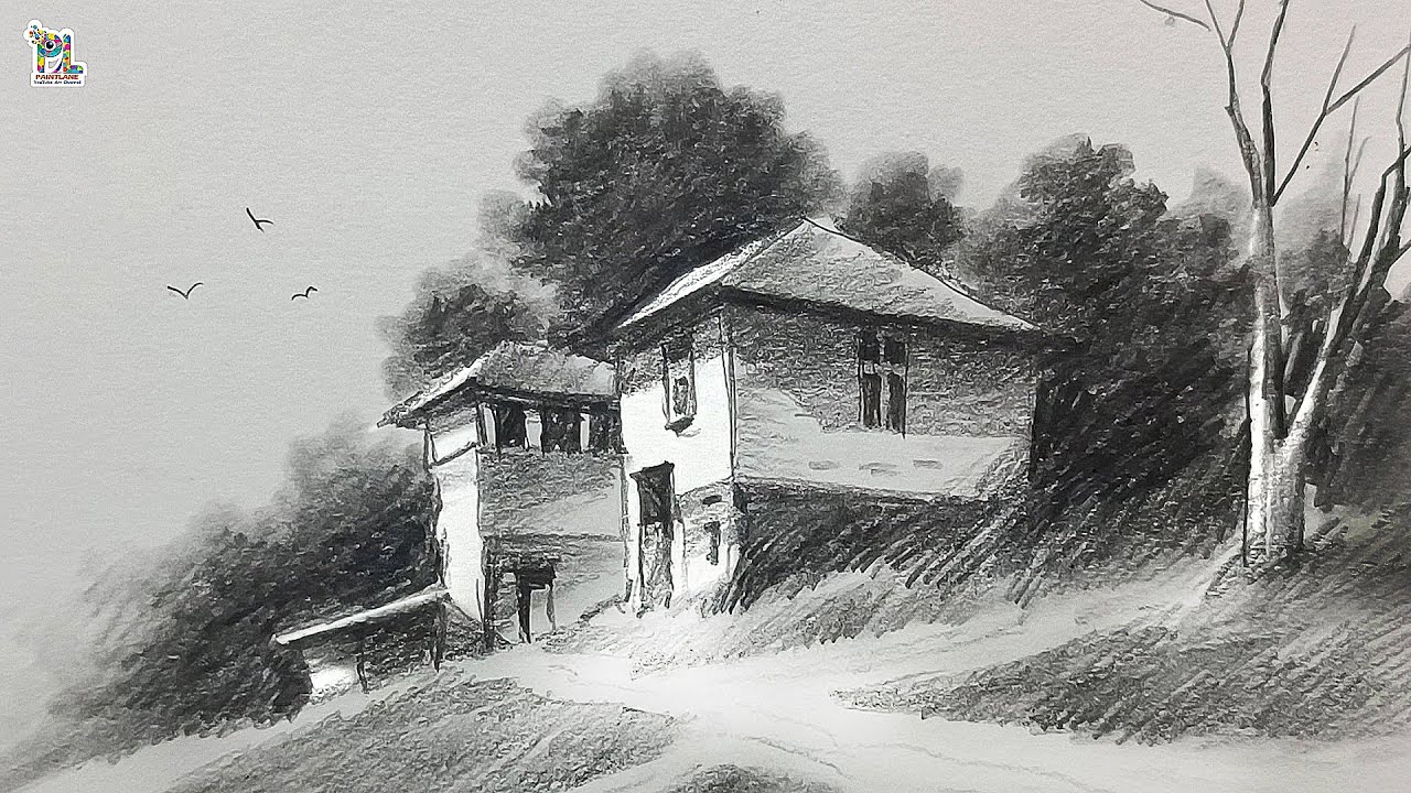 How to draw hill area village Houses || Pencil Art