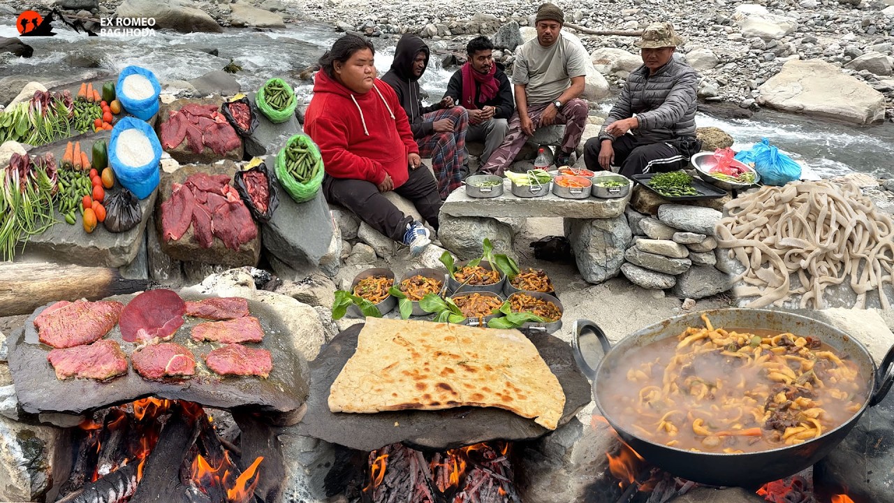 Self Made Hot and Spicy Atta Thukpa Noodles Cooking Buff Stone Sekwa Buff Thukpa Soup in Riverside