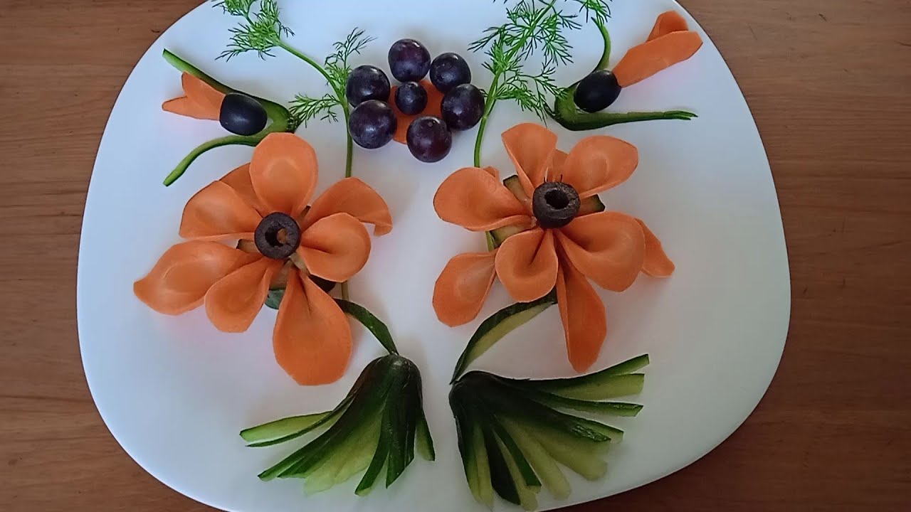 Красивые идеи для украшения блюд. Цветы из моркови и огурцов/ Цветы для украшения блюд