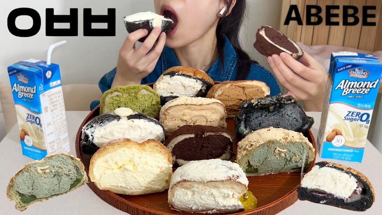SUB) 아베베 베이커리.🥯(순수우유 크림빵/녹차크림 도너츠/카페라떼크림 도너츠/오메기떡 쑥 크림빵/더티초코 도너츠/금능 사과 크림빵/함덕 옛날 옥수수 크림빵/도넛먹방/디저트먹방)