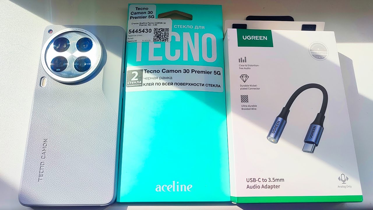 Стекло Aceline для Tecno CAMON 30 Premier 5G и переходник Ugreen USB Type-C - 3.5 mm jack из DNS