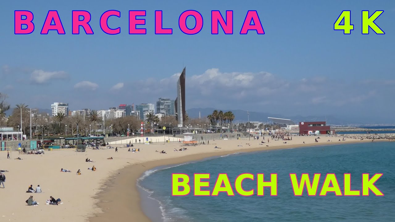 BARCELONA sunny BEACH WALK 4K in March 2021: Villa Olimpica, Hotel W, Montjuic, Forum