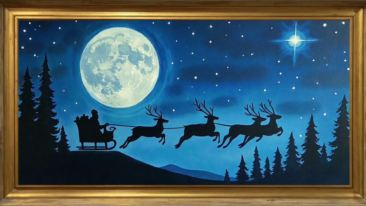 Santa's Sleigh Flying Past the Moon | 7-Hour Christmas TV Art Loop | 4K Display 🌕🦌