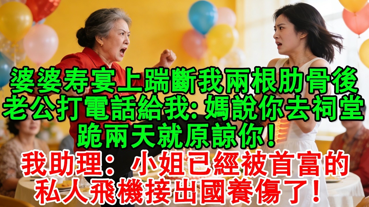【完結爽文】婆婆生日宴上踹斷我兩根肋骨後，婆婆終於消氣了，老公打電話給我:媽說你去祠堂跪兩天就原諒你！我助理：小姐已經被首富的私人飛機接出國養傷了！#婆媳 #情感故事 #為人處世 #故事 #老年生活