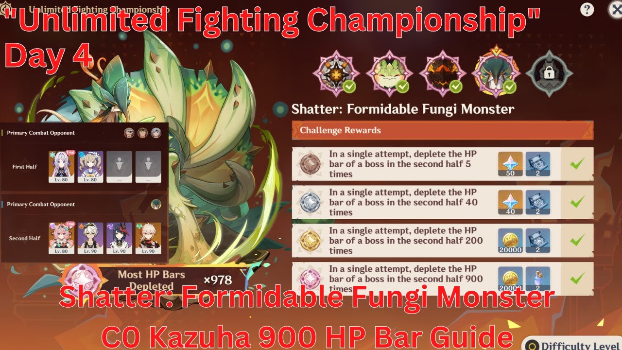 Unlimited Fighting Championship Shatter Formidable Fungi Monster C0 Kazuha 900HP Bar Guide【Genshin】