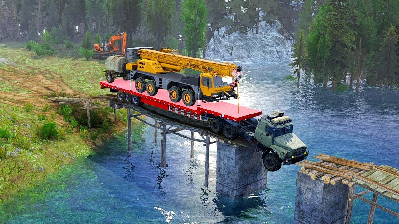 BRIDGE COLLAPSE? Heavy Crane Transport vs Broken Bridge - MudRunner