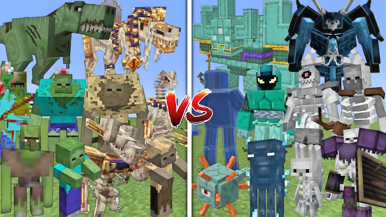 ALL MUTANT ZOMBIES & HUSKS VS ALL MUTANT GUARDIANS & SKELETONS MOBS BATTLE IN MINECRAFT