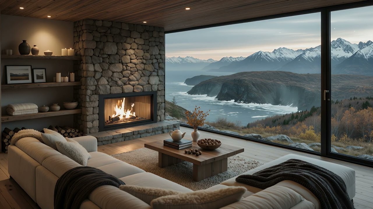 Cozy Coastal Cabin Ambience 🔥🏔️ | Fireplace with Relaxing Crackling Fire Sounds