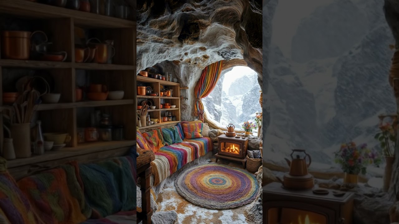 Rustic Cave Cabin Kitchen Ambience - Snow, Fire, and Blizzard Sounds  #cozywinterambience  #relax