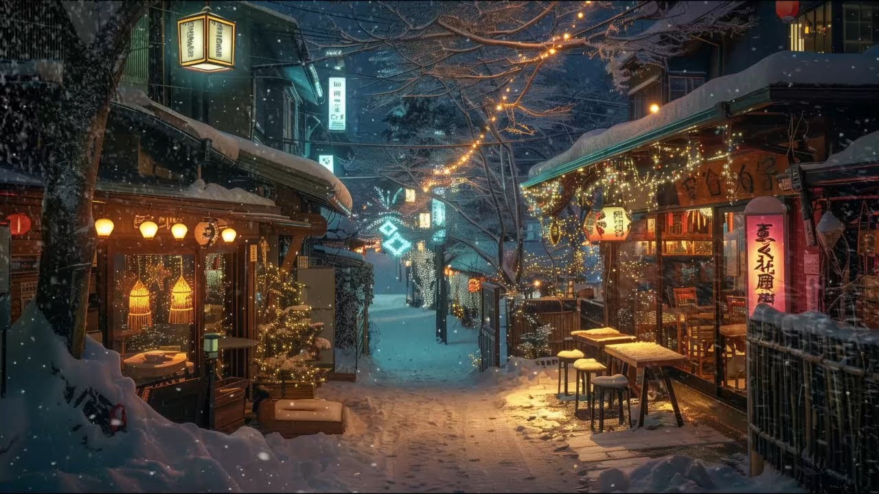 ☕ Cozy Winter Café at Night – Soft Piano Jazz & Falling Snow