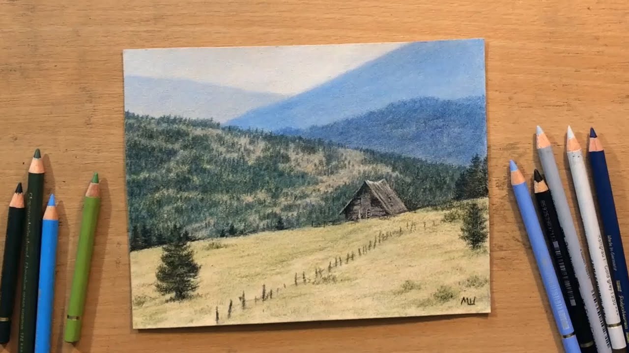 Landscape in Colored Pencil - Mountain Cabin