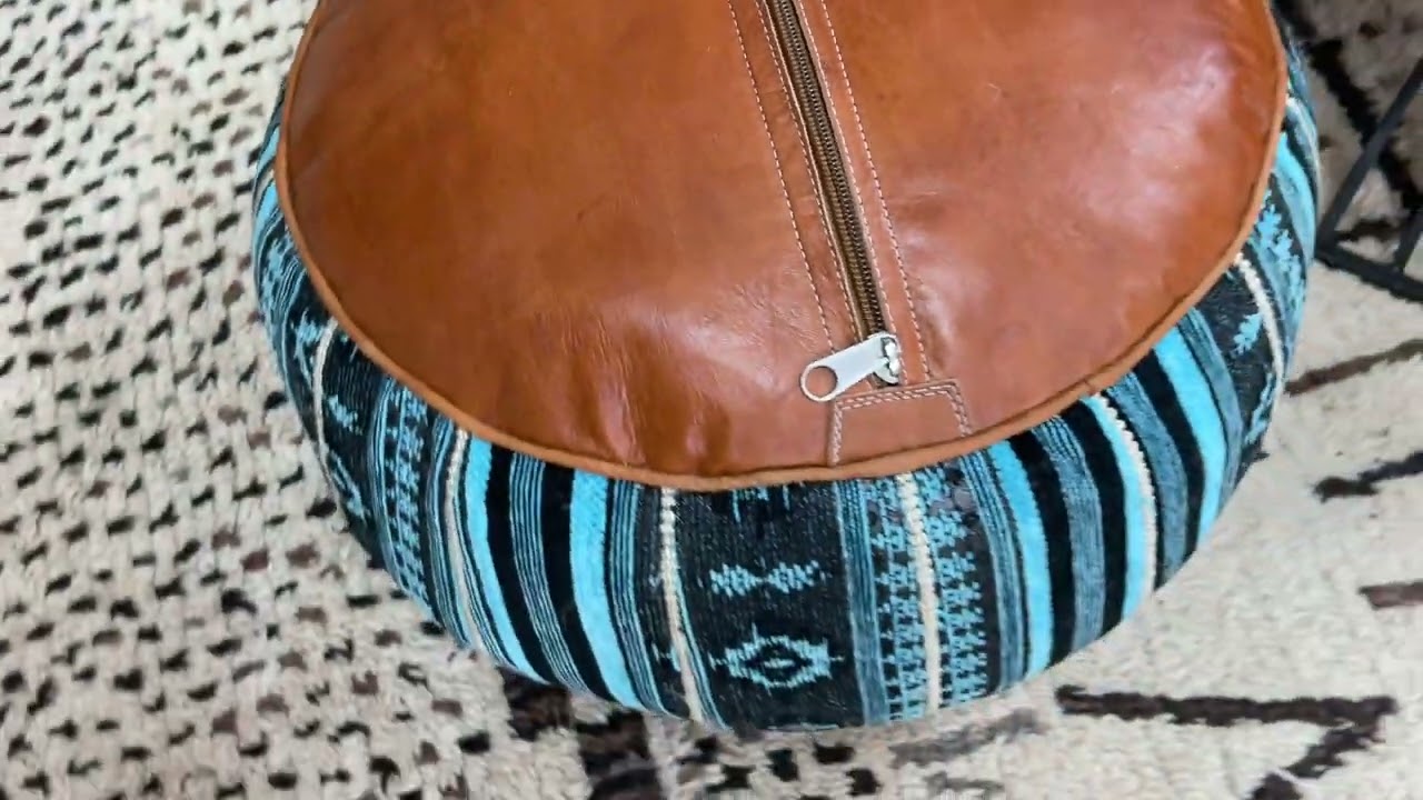 Kechart &ndash; Blue handmade ottoman, Moroccan traditional seat, round footstool, handmade pouf cover,