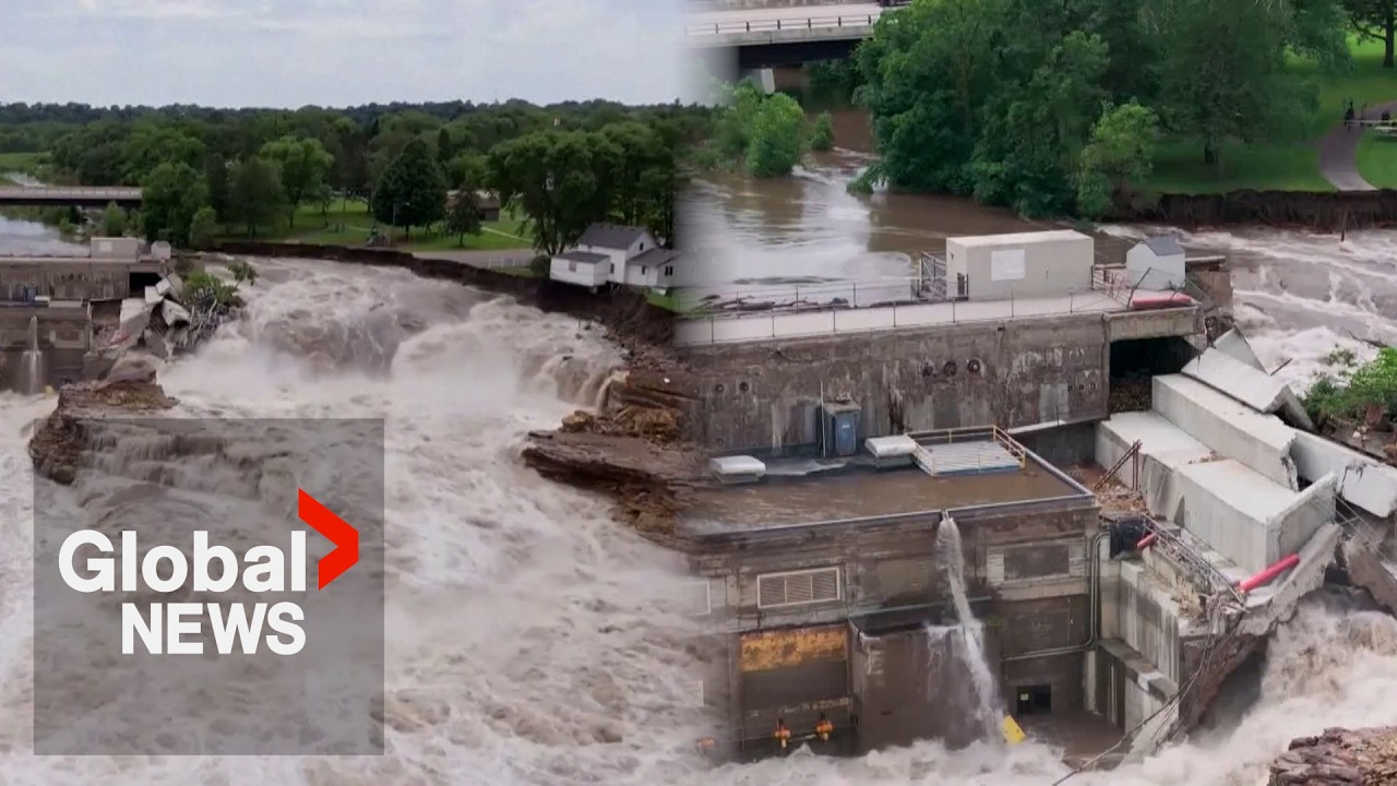 Dam failure causes house to collapse into flood-swelled river in Minnesota