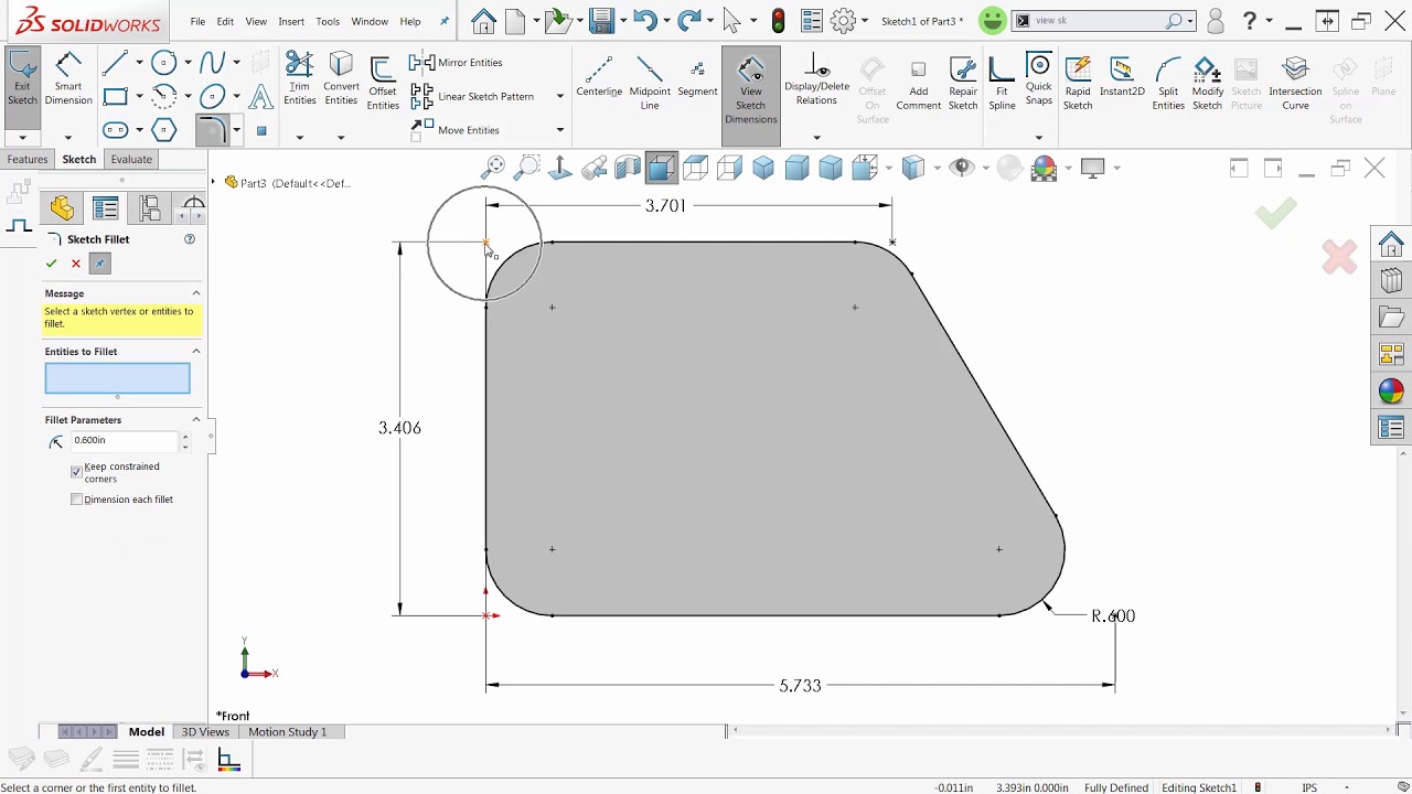 SOLIDWORKS — виртуальные острые углы и скругления эскизов