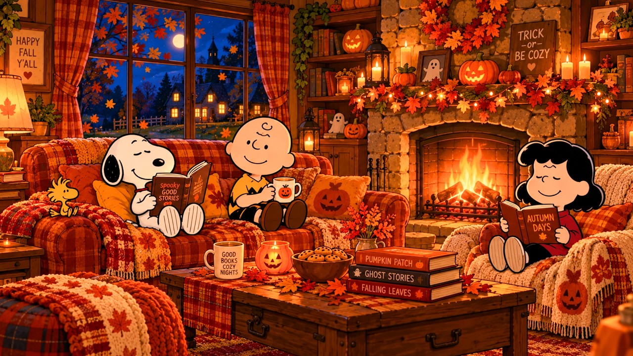 Snoopy Reads by the Fireplace 🎃 Peaceful Halloweaen Jazz for Quiet Autumn Evenings