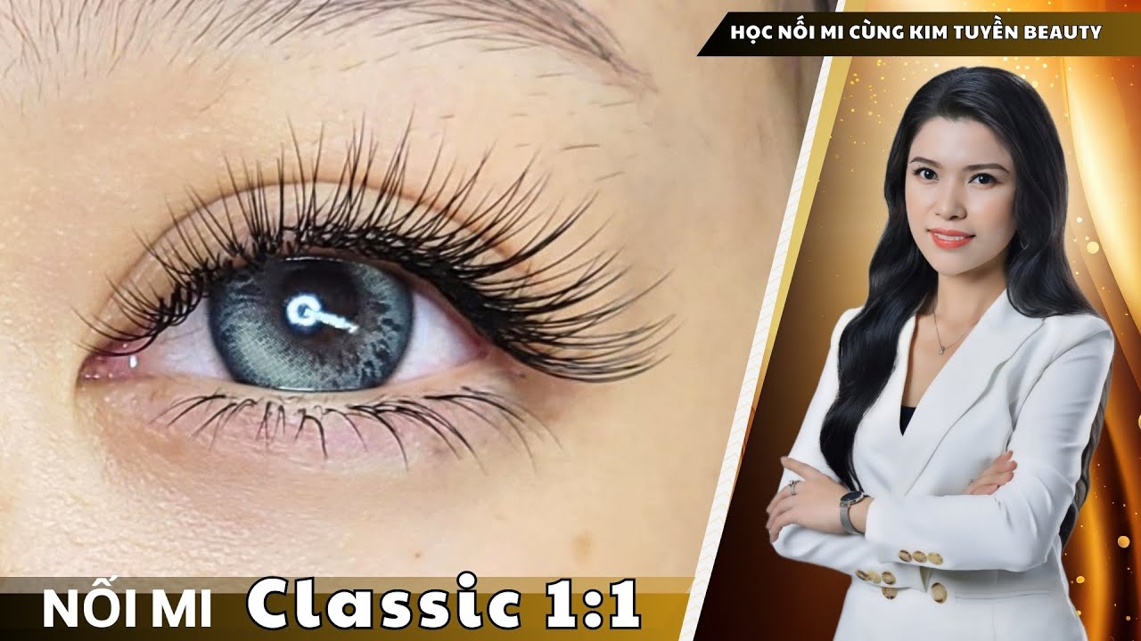 Nối mi classic thẳng hàng - mi thật bị nghiêng lệch.