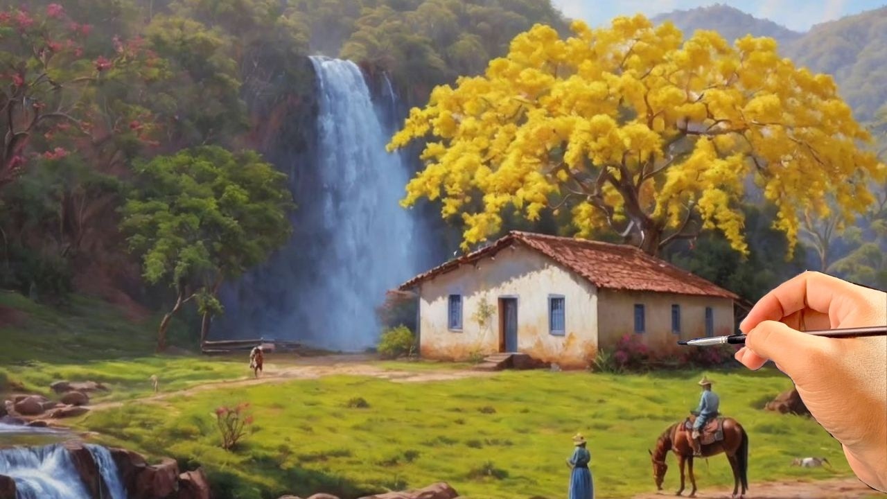 🎨 How to Paint a Serene Countryside House & Waterfall | Calm Acrylic Painting Tutorial | #046