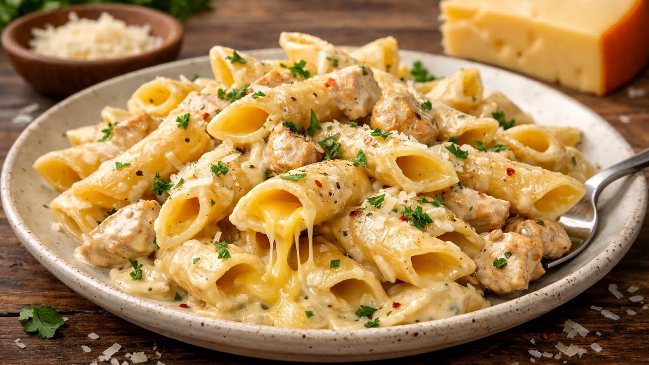 “Creamy Chicken & Gouda Pasta in One Pan – Ready in 30 Minutes 🍝🧀”