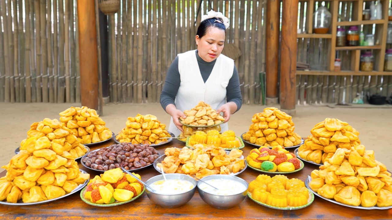 How to Make Sticky Rice, Fried Cake and Roasted Seed from Jackfruit - Enjoy with My Two Daughter