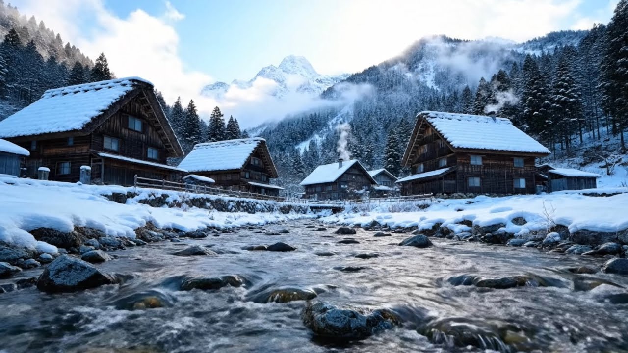 Falling Asleep in a Snowy Japanese Village | Winter River Ambience