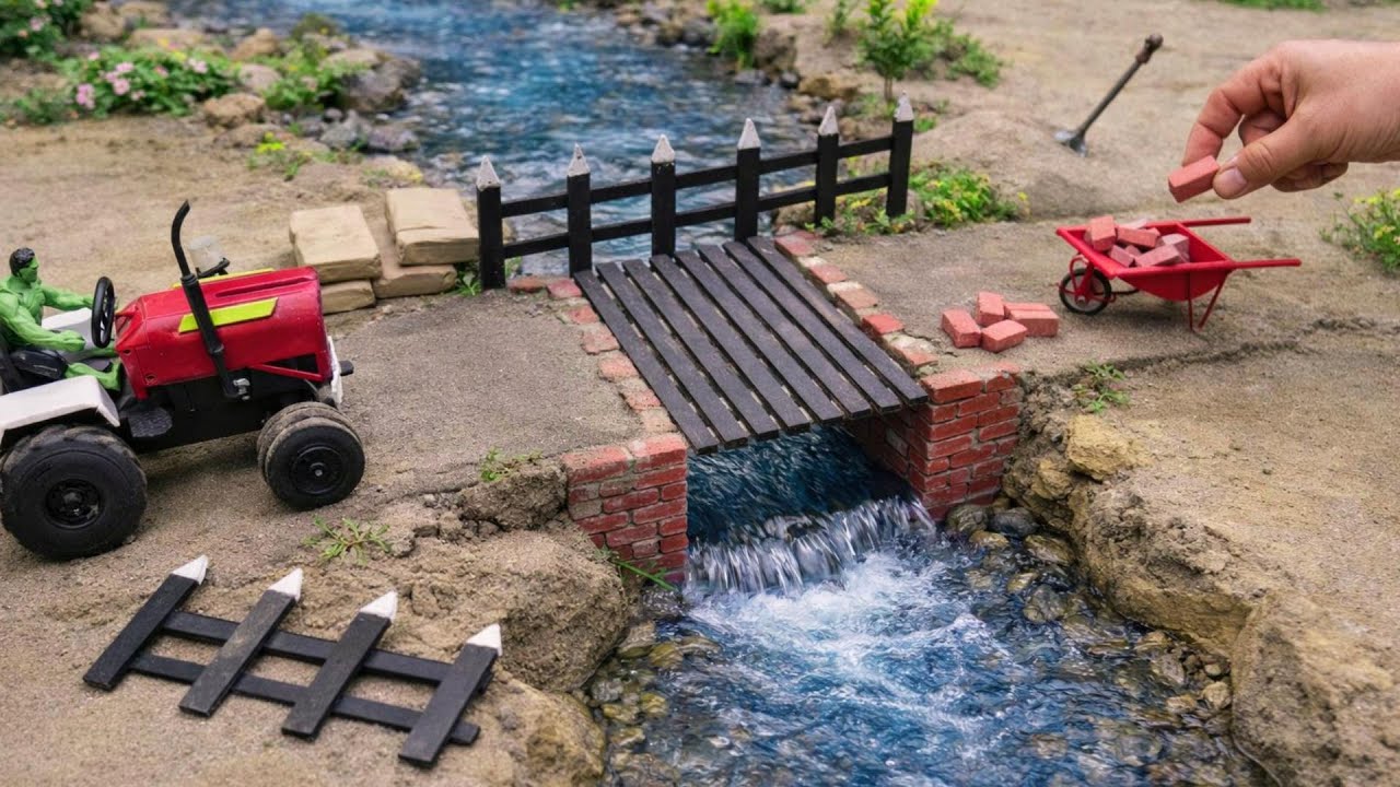 DIY Mini Tractor Builds a Strong Brick and Concrete Bridge for Tractor transporting