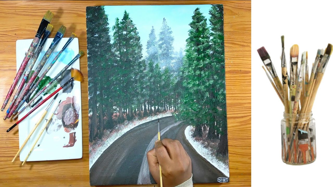 the scenic route in the forest /beautiful landscepe /Acrylic painting/ رسم طريقة وسط غابة خلابة #104