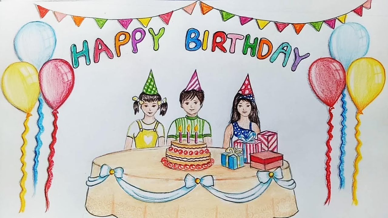How to draw scenery of birthday party step by step