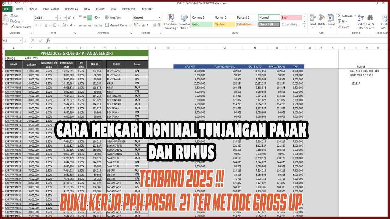 Rumus Metode GROSS UP PPh Pasal 21 TER 2025 Dan Buku Kerja Pph Pasal 21 Rumus Otomatis Excel