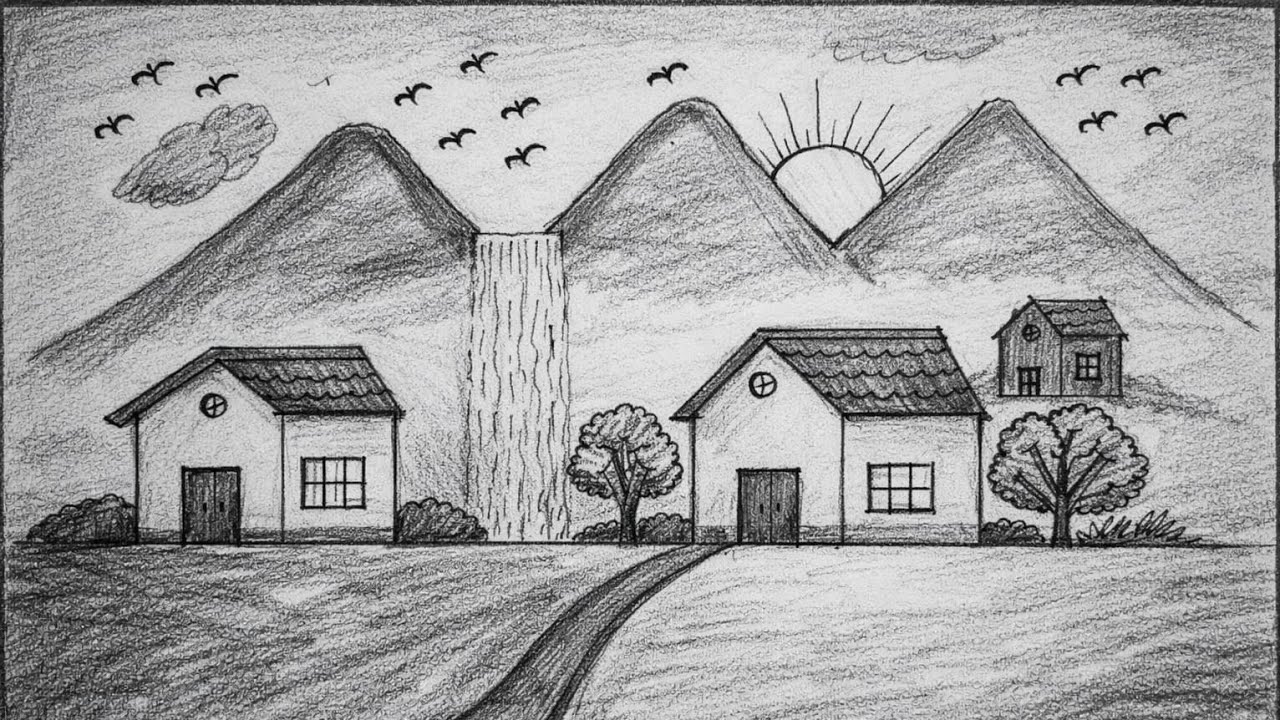 How to draw beautiful village scenery with house | village scenery drawing  easy with pencil #house 