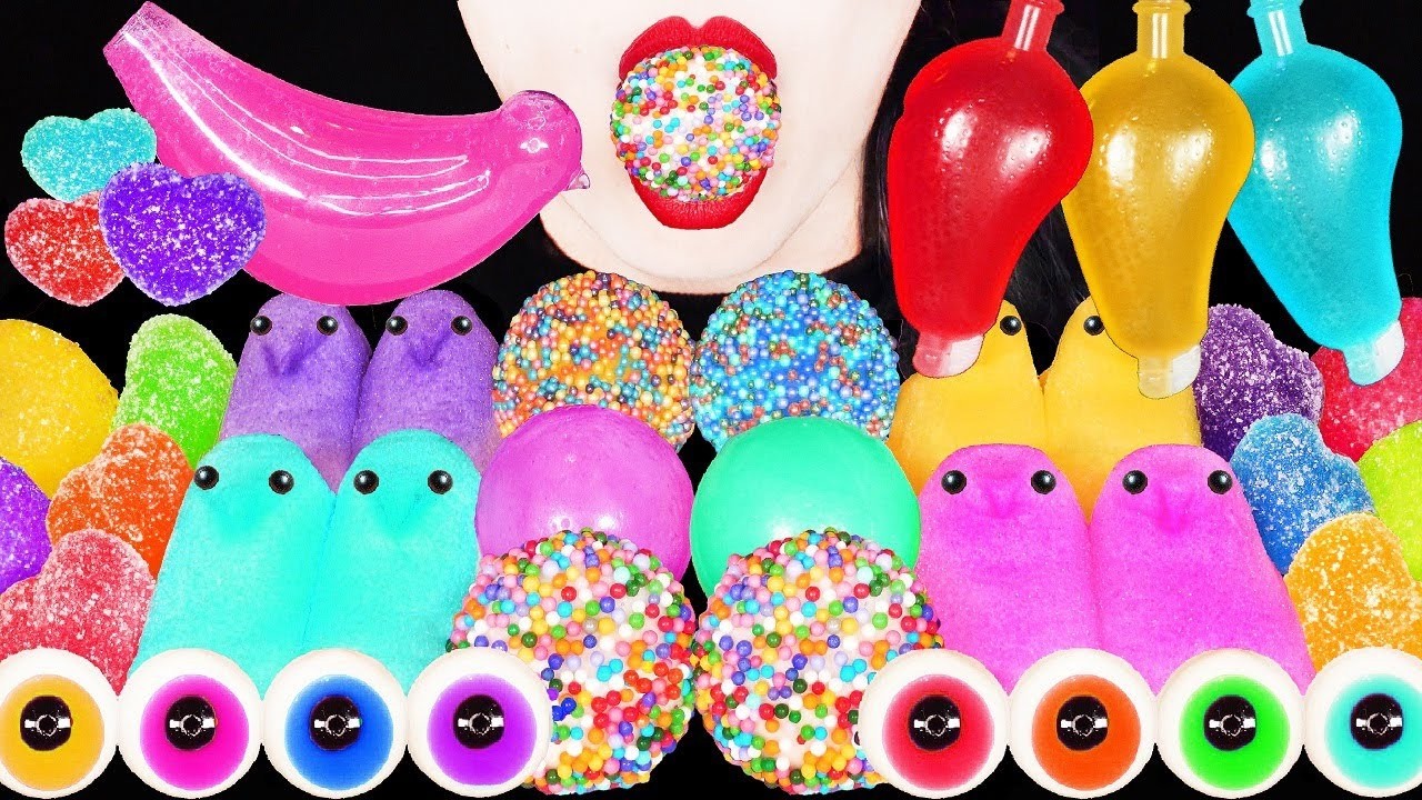 ASMR RAINBOW DSSERTS FRUIT SNACK JELLY POPPING BOBA 무지개 디저트 얼린 닉클립 젤리 먹방 eating mukbang compilation