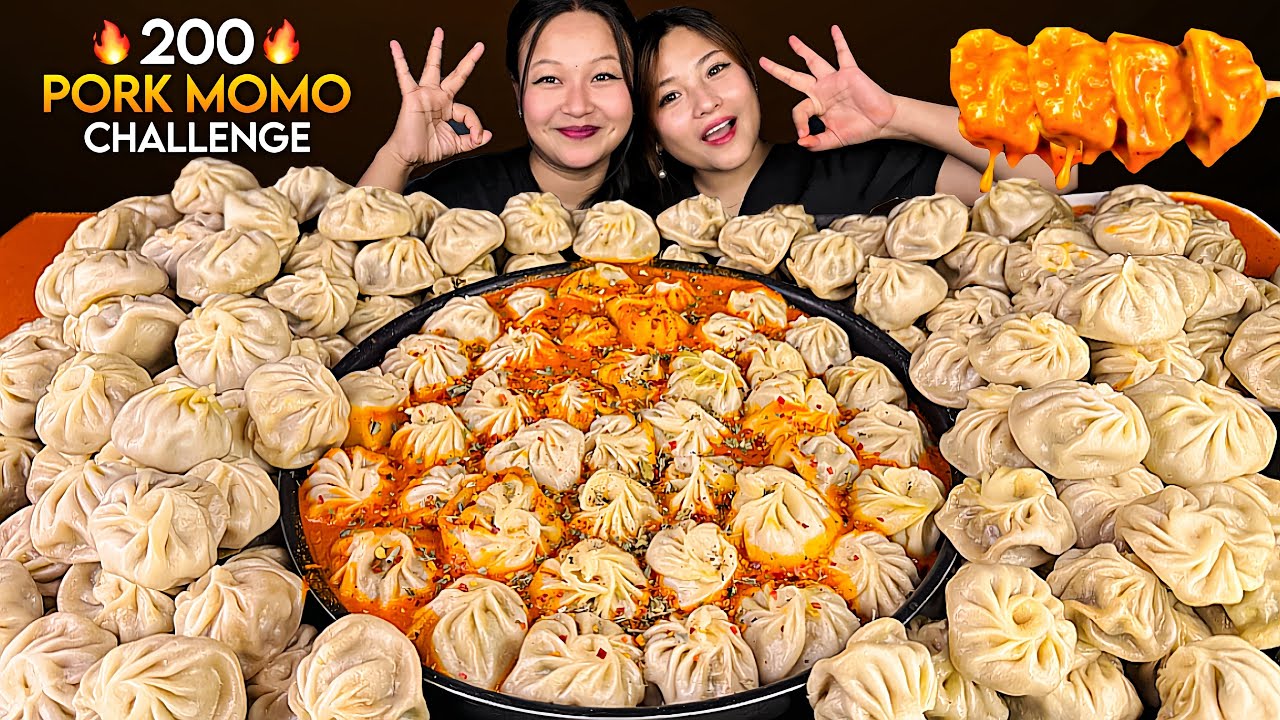 200 JUICY PORK JHOL MOMO MUKBANG WITH MY SISTER😱| SPICY ACHAR🌶️| 200 MOMO EATING CHALLENGE🔥|#mikasa