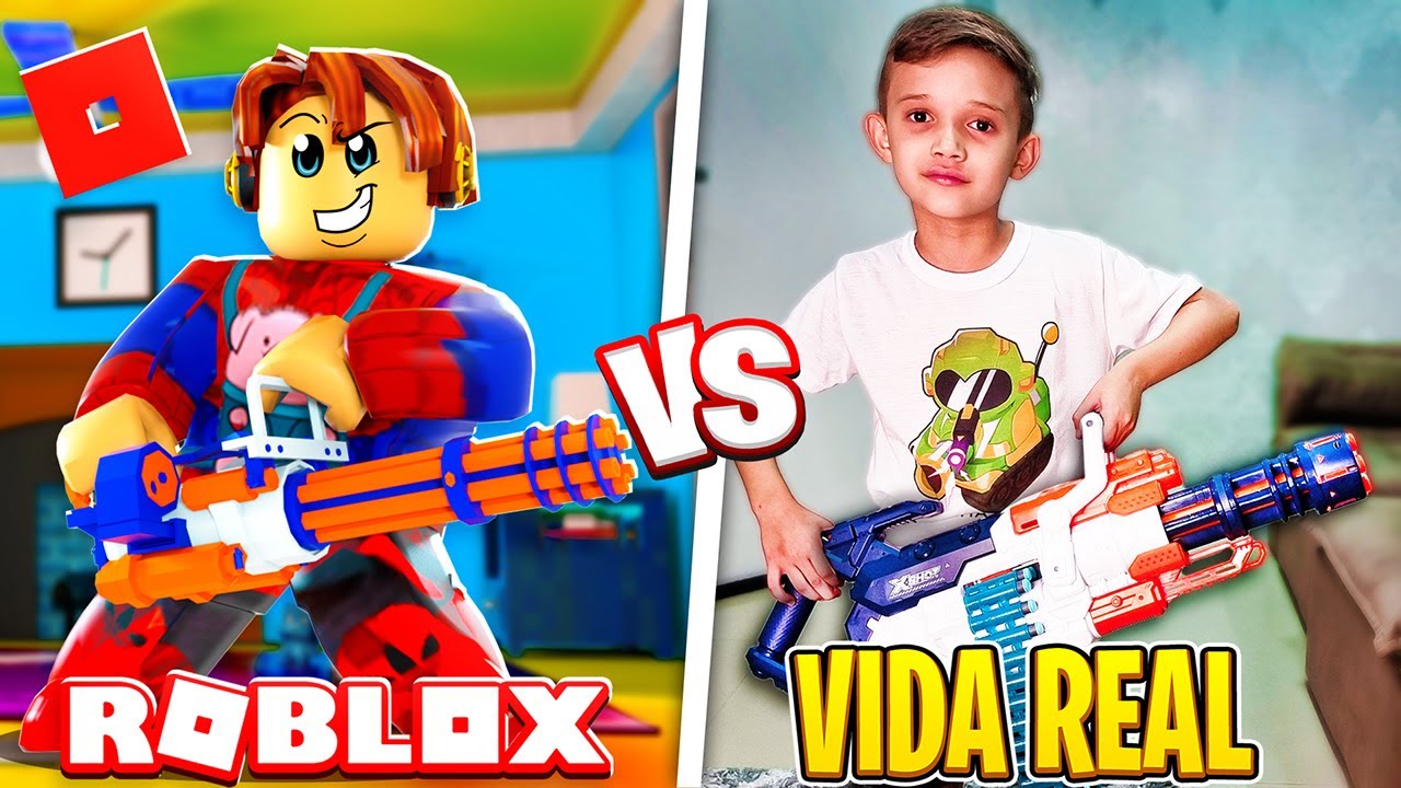 NERF DE MINIGUN NO ROBLOX VS NA VIDA REAL😎NERF Strike