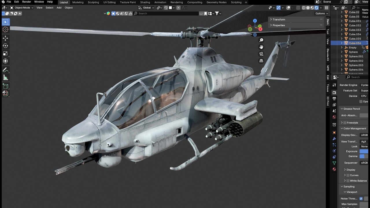 Attack Helicopter 3D modeling process (Viper). Blender.