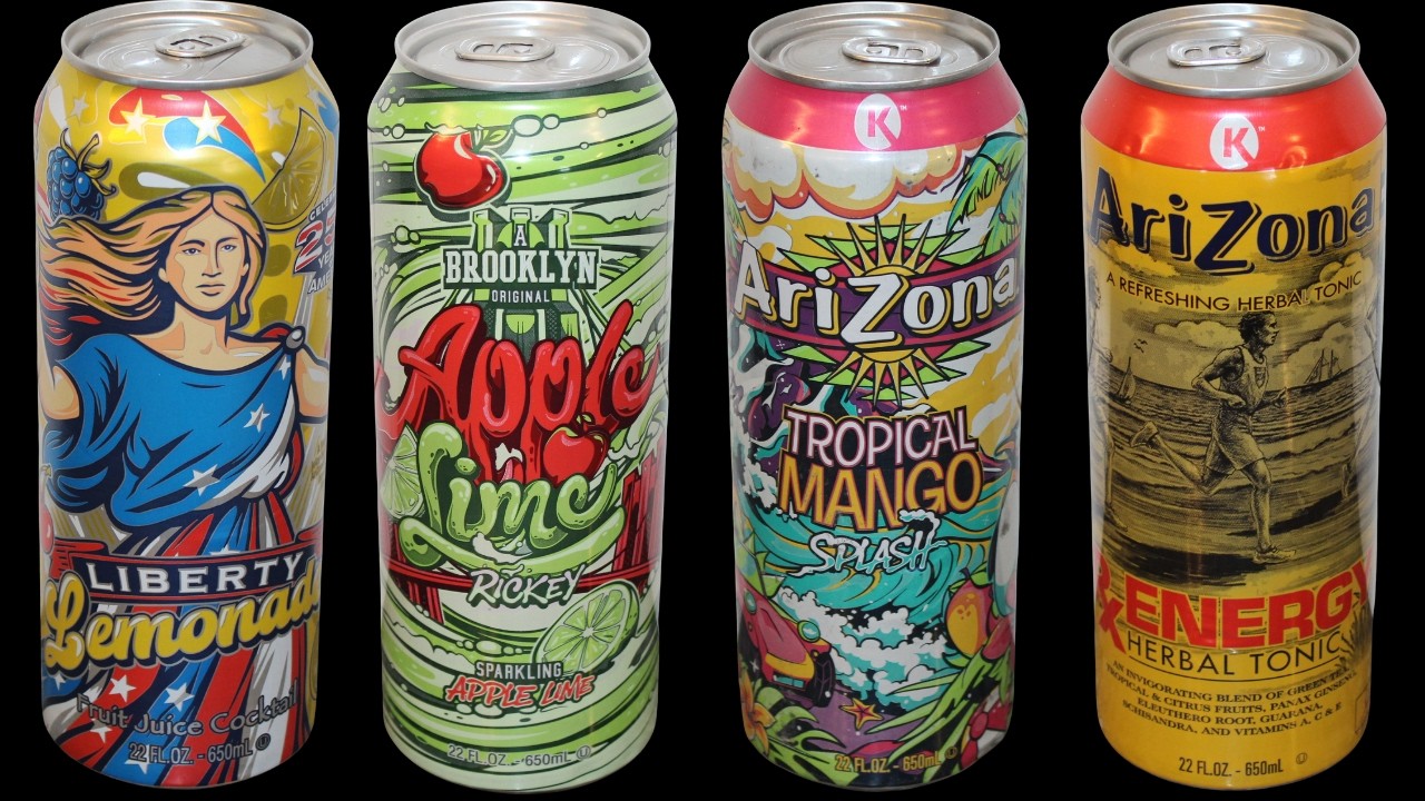 Arizona Liberty Lemonade, Apple Lime Rickey, Tropical Mango Splash, RX Energy Herbal Tonic
