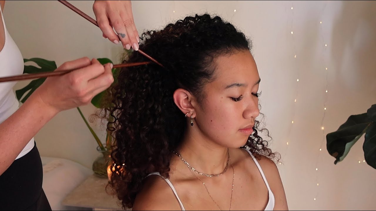 ASMR scalp inspection, head scratches and massage on Bella (whisper, real person)