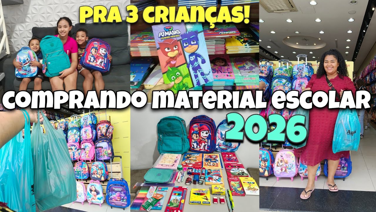 COMPRANDO MATERIAL ESCOLAR 2026📚 PRA 3 Crianças - VALORES COMPLETOS! 