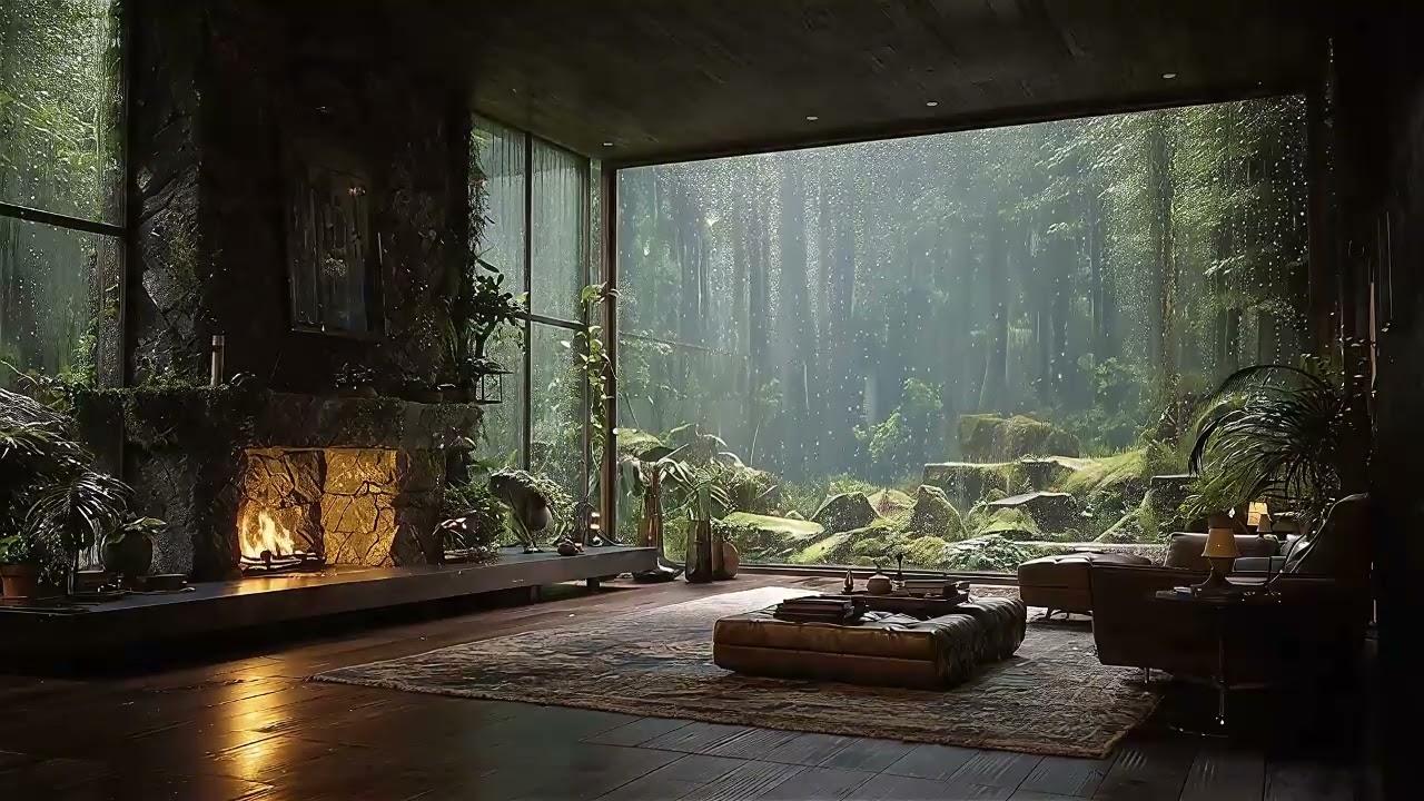 Peaceful Indoor Night Scene with Window Rain and Slow Piano Music